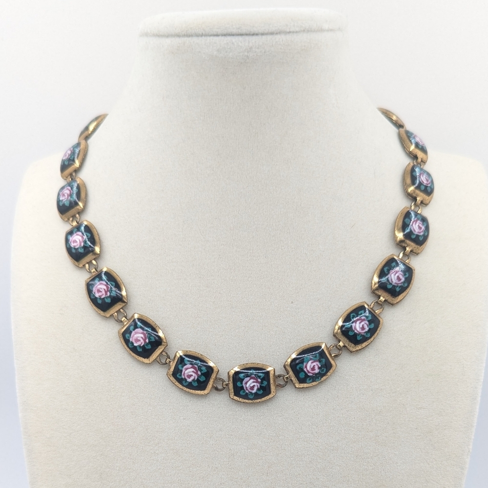 Vintage Black Enamel Painted Rose Flower Brass Necklace